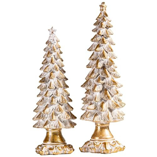 BUTILIVEEN Gold Christmas Tree Figurines Set of 2, Vintage Christmas Decor for Tabletop and Mantle, Xmas Centerpieces, 12.2 inches to 14.8 inches Tall, Resin | Amazon (US)