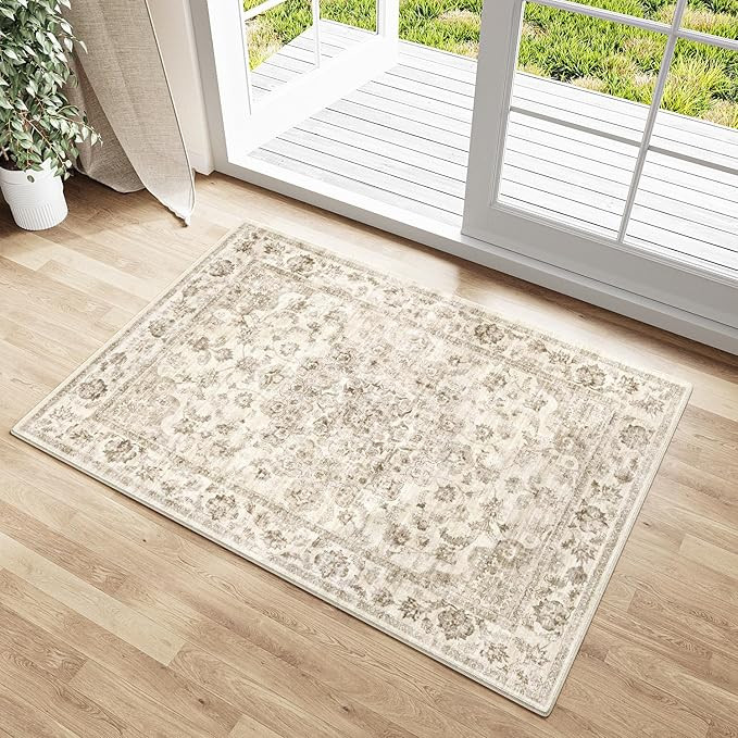 2x3 Washable Neutral Area Rug Beige Entryway Kitchen Non-Slip Low Pile Floral Carpet Door Mat Vin... | Amazon (US)