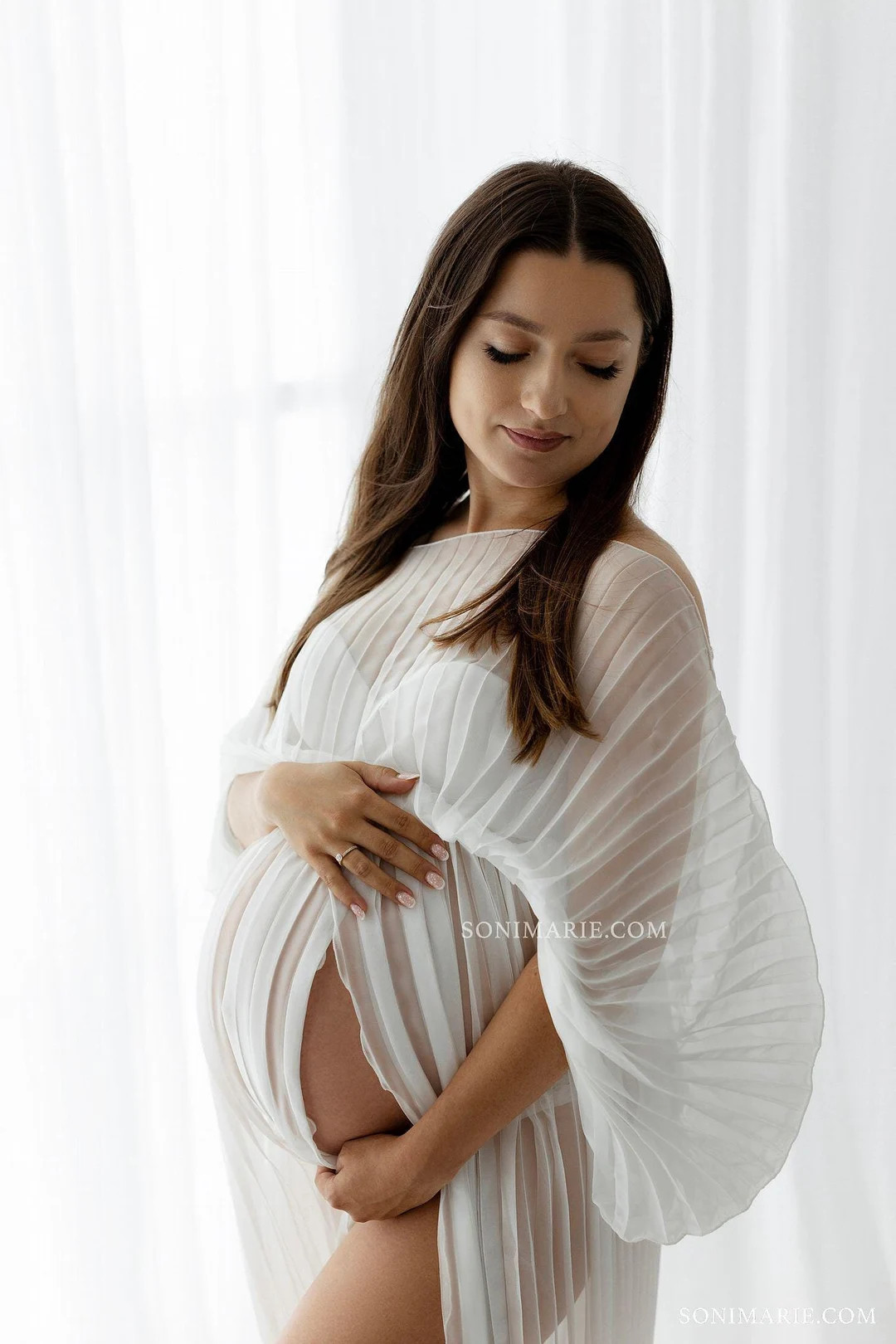 Maeve Veyra Elegant Flowy Ecru Pleated Maternity Gown Lightweight Pregnancy Photoshoot Dress Mate... | Etsy (US)