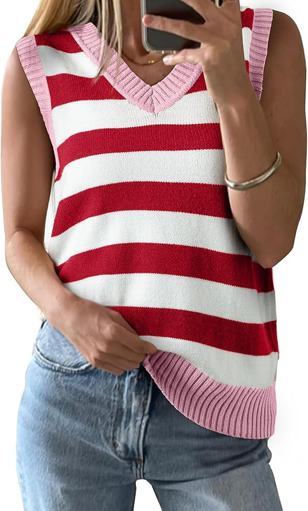 EVALESS Sweater Vest Women Spring Summer Outfits Casual V Neck Sleeveless Sweater Tops Loose Fit ... | Amazon (US)
