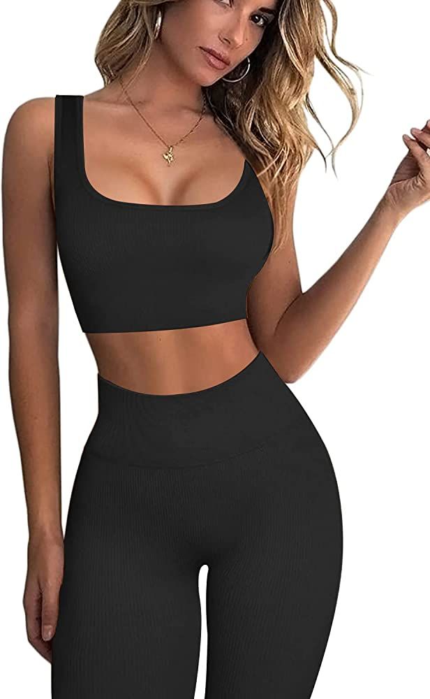 OLCHEE Women's Sexy 2 Piece Workout Outfits - Seamless Ribbed Leggings and Square-cut Sports Bra ... | Amazon (US)