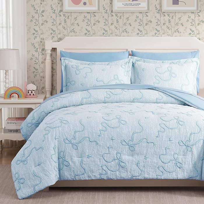 Geniospin Light Blue Twin Comforter Set for Girls- 5 Pieces Bowknot Jacquard Bed in A Bag Twin Be... | Amazon (US)