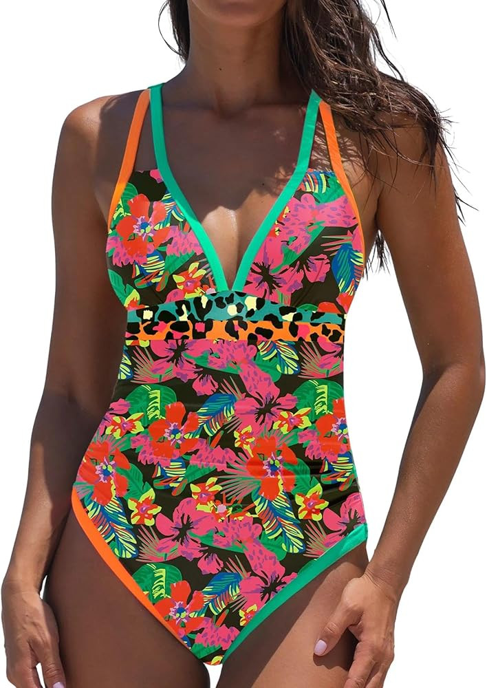 popvil Women's One Piece 2025 Tummy Control Swimsuits Neon Color Block Swimwear Deep V Neck Slimm... | Amazon (US)
