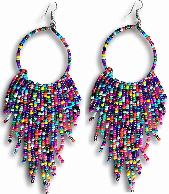 Tribal Dangle Fringe Tassel Bead & Hoop Earrings Native American Style by BOGZON (Multi Color) | Amazon (US)
