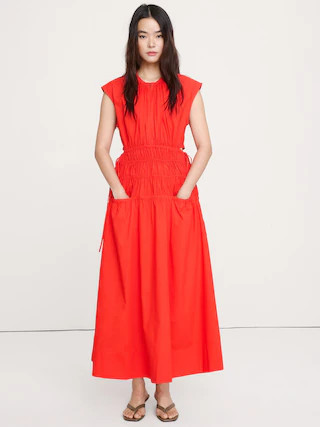 Smocked Cotton Poplin Maxi Dress with Open Back | Banana Republic (CA)