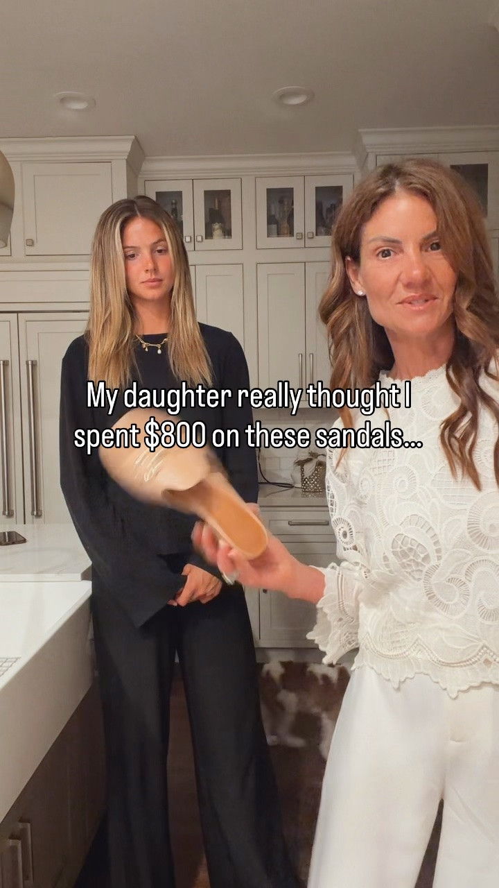 Grace really thought I spent $800 on these sandals 😂 They’re around $60, come in multiple colors, and honestly look SO similar right down to the gold detail on the heel.

Grace is wearing the cutest black sweater with comfy elastic waist pants, black flip flops, and gold jewelry for an easy everyday look.  Her black pants are available indifferent lengths and fabrics. Linking here. 

I’m wearing a lace top with lined white pants and my favorite Gucci-inspired sandals that always get asked about.

The latest top is available in other colors. I am wearing a size small. I am 5'7" tall. I am wearing a size extra small in the pants, but they do run long. If I wanted to wear them with flat shoes, I would need to get them hemmed.  Grace is 6'2".