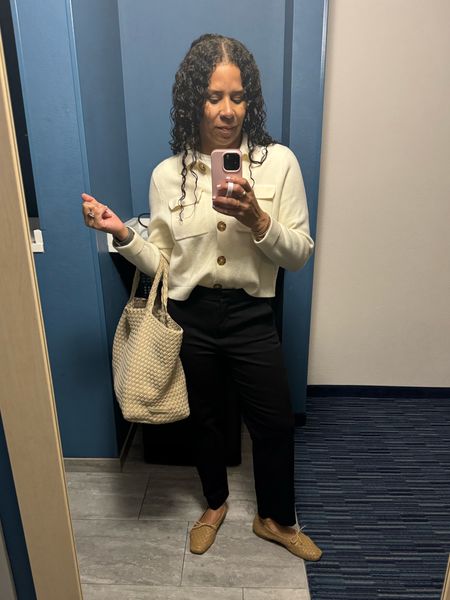 Hair is still drying, but here is my #businesscasual look today. 
Betty cardigan @sezane I sized up but it’s not necessary 
Pants wearing petite in my larger size. I’m 5’3.5
Shoes @fredasalvador tts use code 15HGC
Bag @naghedi this is the large one I love how easily it packs up. 

#LTKitbag #LTKworkwear #LTKstyletip