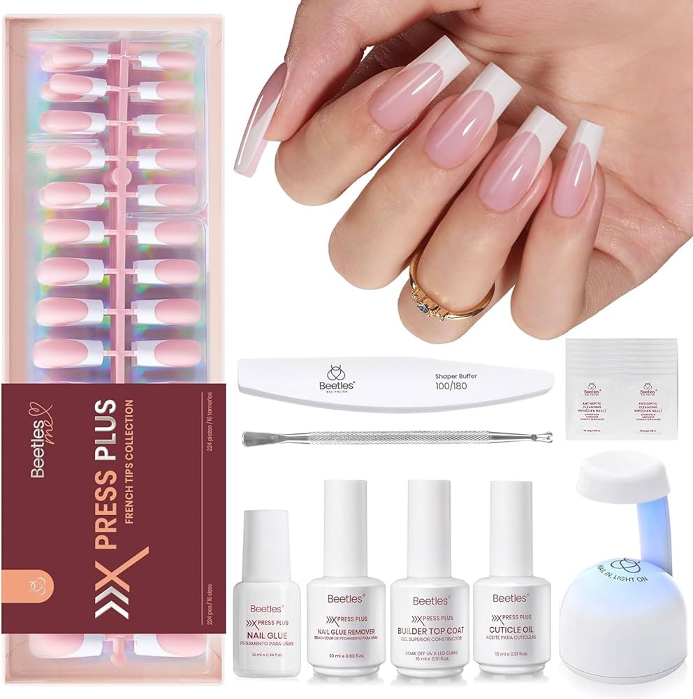 Beetles X Press Plus On Nails Kit - Rose French | Pink Long Square French Tip Press On Nails | 22... | Amazon (US)