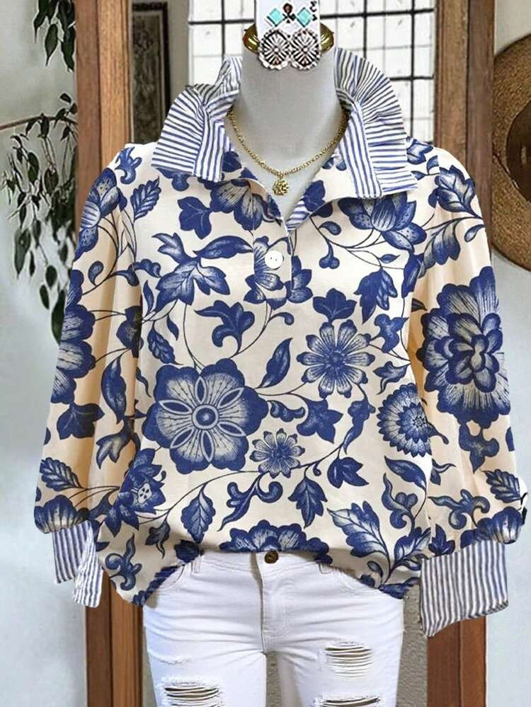 Women's Casual Fall/Winter Oversized Floral Pattern Striped Patchwork V-Neck Button-Up Long-Sleev... | SHEIN