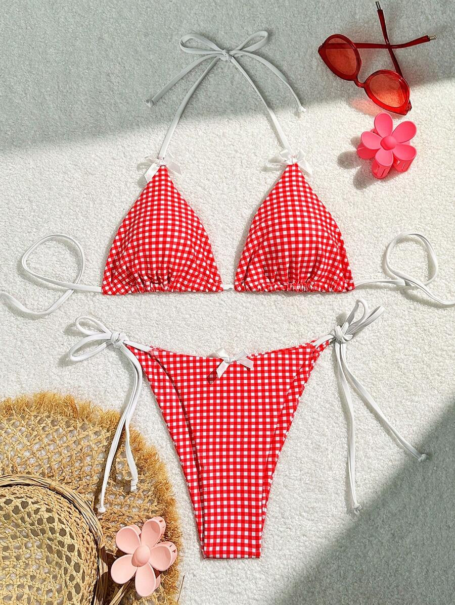 SHEIN Swim Mod Summer Beach Checkered V-Neck Halter Bikini Set | SHEIN