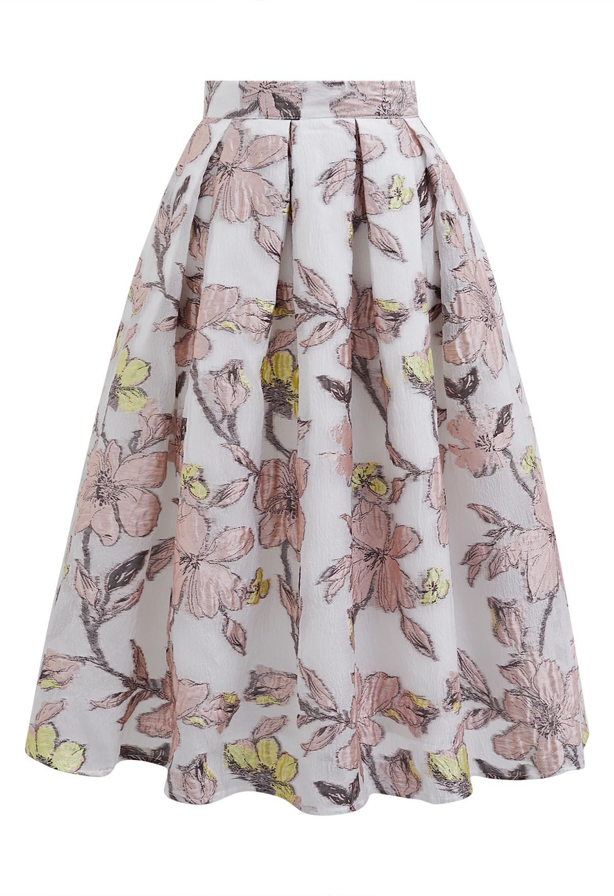 Springtime Floral Jacquard Pleated Midi Skirt in Pink | Chicwish