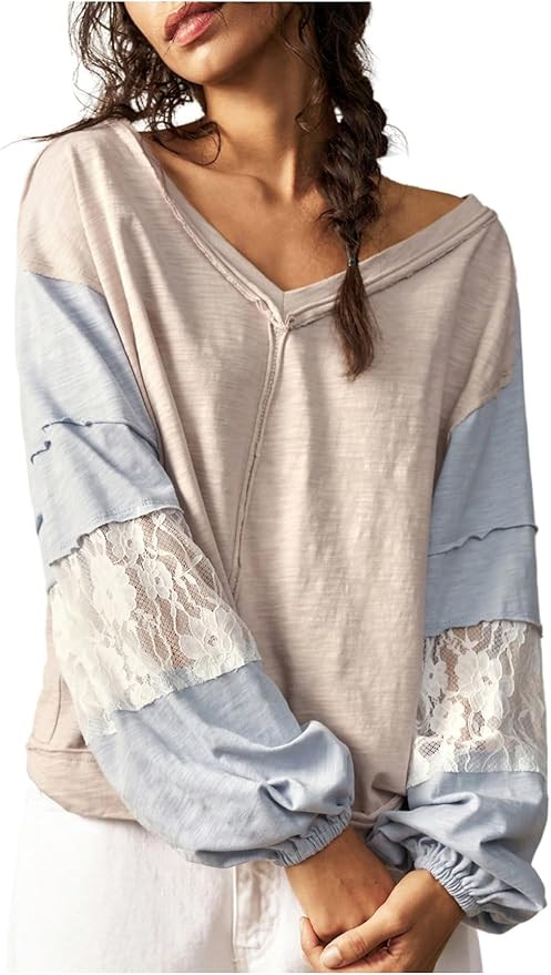Women's Oversized Tshirts Lace Patchwork Color Block T Shirt Bishop Sleeve V Neck Tee Top | Amazon (US)