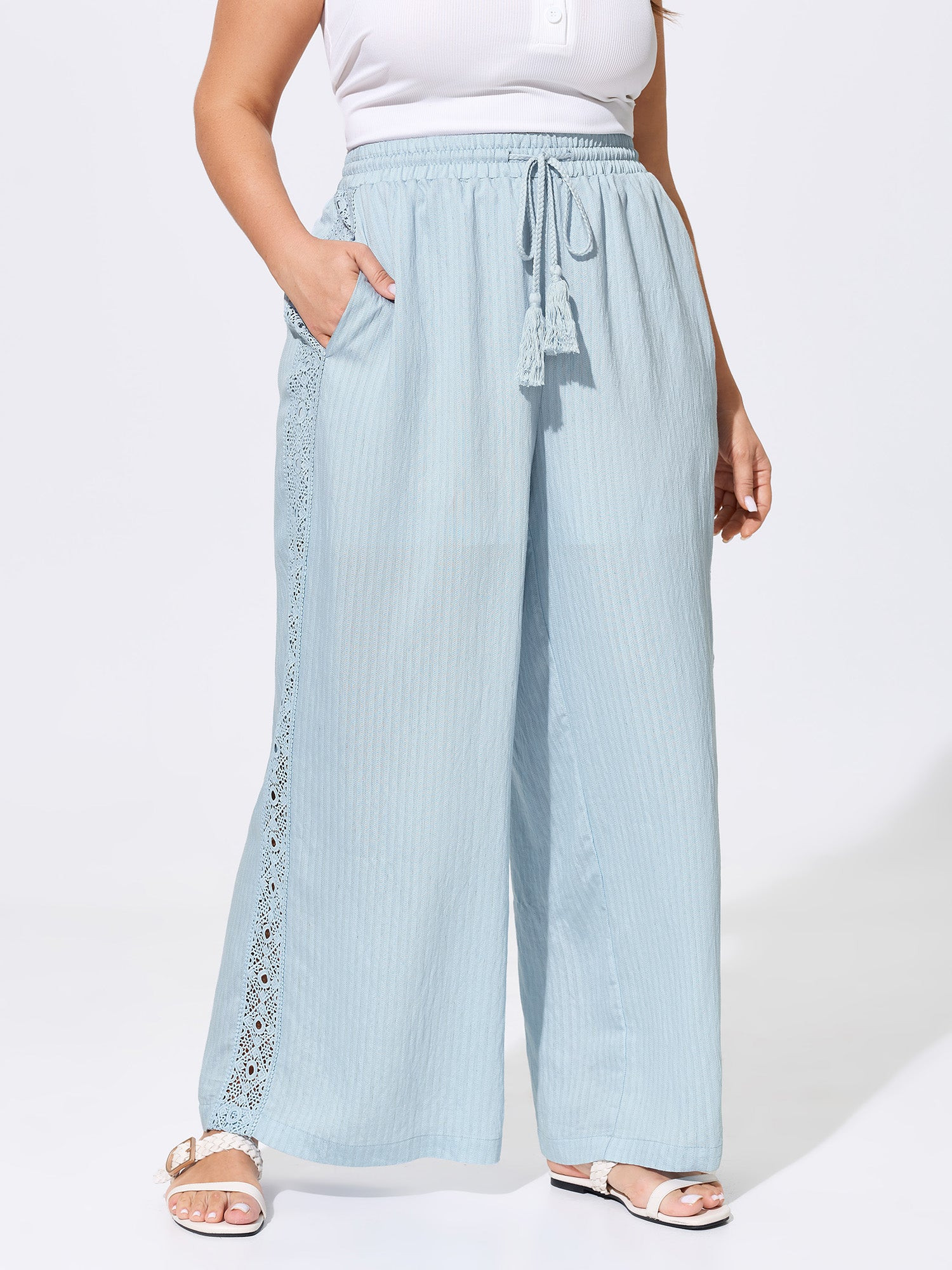 Linen Blend Side Design Drawstring Waist Pants | Bloomchic