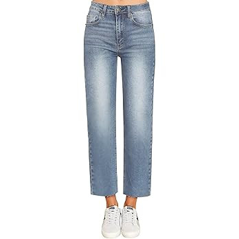 KDF Women's Cropped Straight Leg Jeans - High Waisted Jeans for Women 7/8 Length Denim Pants with... | Amazon (US)