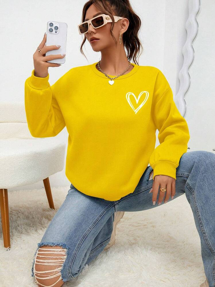 INAWLY Heart Print Drop Shoulder Sweatshirt,Long Sleeve Tops | SHEIN