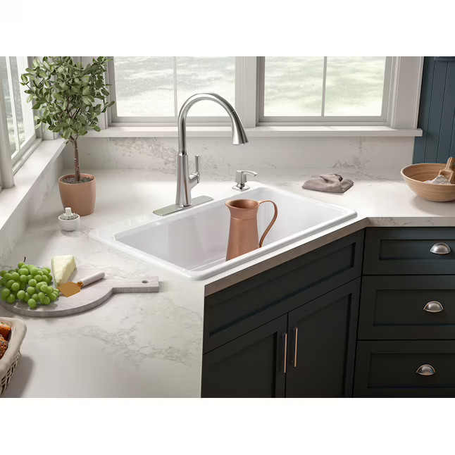 KOHLER Riverby Drop-In 33-in x 22-in White Cast Iron Single Bowl 4-Hole Kitchen SinkItem #363667M... | Lowe's