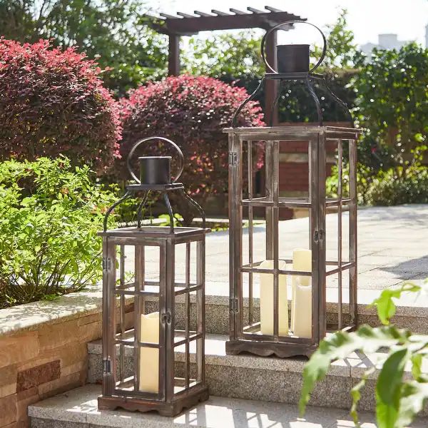 Glitzhome Oversized Farmhouse Wooden Metal Lanterns (Set of 2) - On Sale - Overstock - 26265375 | Bed Bath & Beyond