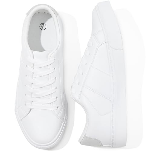 kufeiti White PU Leather Sneakers for Women Low Top Lace Up Tennis Shoes Women's Fashion Casual Shoes Sneakers(White,US9.5) | Amazon (US)