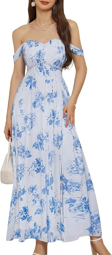 GRACE KARIN 2024 Women's Summer Floral Print Flowy A Line Maxi Dresses Sleeveless Smocked Off Sho... | Amazon (US)