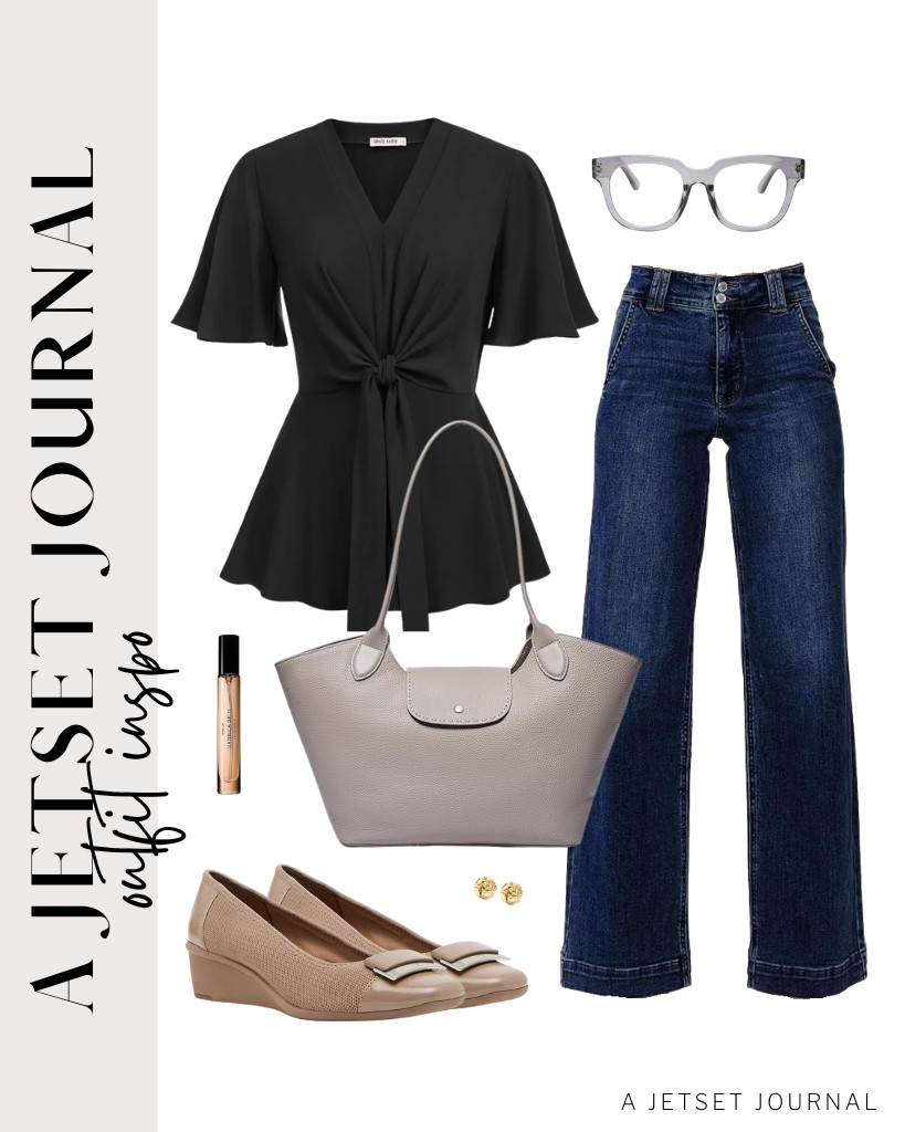 Our last outfit combines a black GRACE KARIN V-neck tie-waist peplum shirt with Astylish high-waisted jeans. This look goes well with Anne Klein Waverly wedge heels and a leather tote bag. Finish the look with these love-knot stud earrings and SOJOS anti-blue light glasses. 

 #LTKSeasonal #LTKSaleAlert #LTKTravel