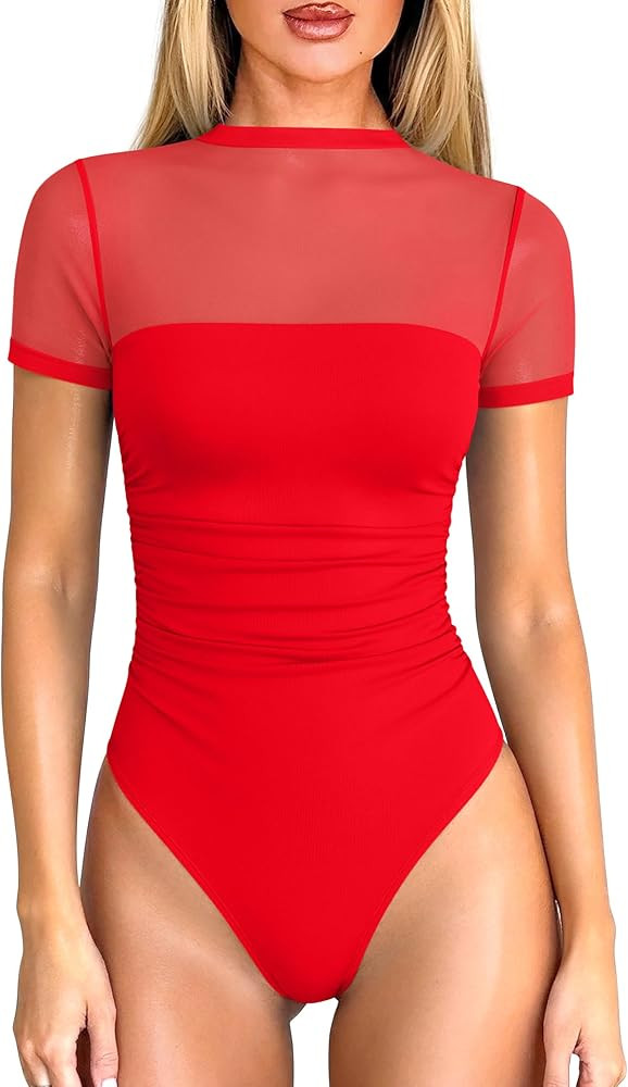 OQQ Women Short Sleeve Bodysuit Tummy Control Shapewear Mesh One Piece Leotard Shirts Going Out T... | Amazon (US)