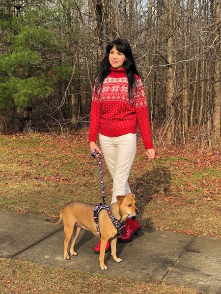 Taking advantage of a rare “warmish” day to go for a long walk with my best friend (we let my hubby come along, too 🤣)!
One, of many, of my favorite things about the month of December—getting to wear adorable, comfy Christmas sweaters! I paired this cozy snowflake patterned turtleneck with a pair of winter-white velvet jeans and red boots to match!  I’ll be wearing as much red, green, and sparkles as I possibly can!

#LTKSeasonal #LTKHoliday