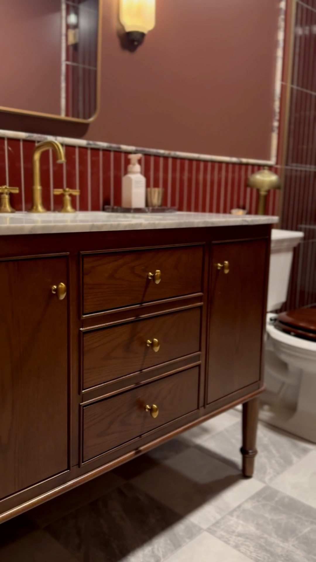 Would you believe me if I told you this vanity, faucet, and shower head were from Home Depot? 

Shop them here and file this under "moody Inspo" for your next home renovation project! 

Bathroom Inspo, red, burgundy, color trends 

#LTKHome