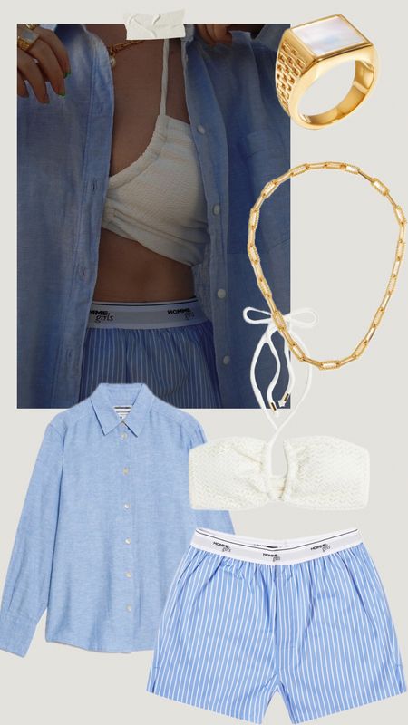 Blue boxers from Homme Girls - always in my holiday suitcase and perfect with this summer’s hot must-have: the light blue linen shirt 🩵
Homme girls light blue stripe boxers | Light blue shirt | Oversized linen shirt | White bikini top | H&M | holiday jewellery | poolside outfit 

#LTKsummer #LTKeurope #LTKswimwear