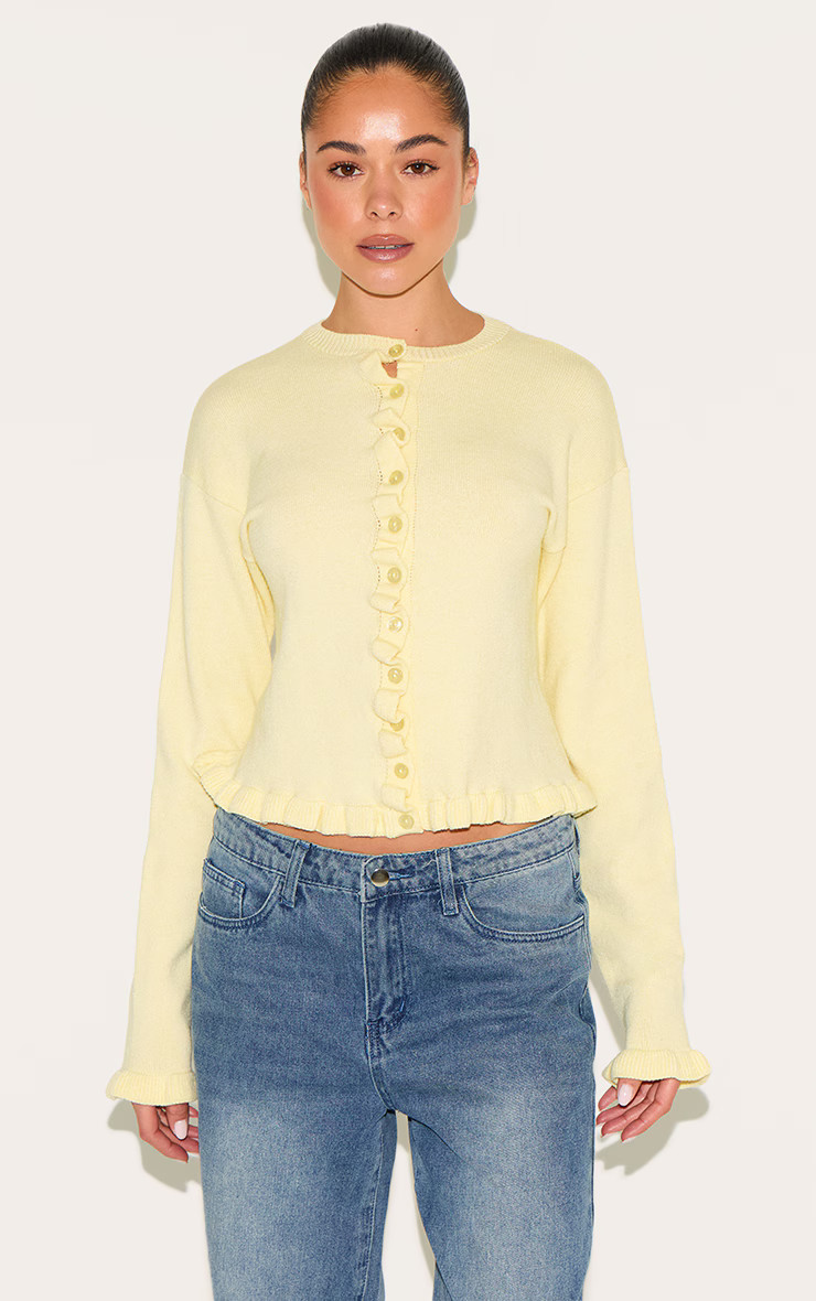 Lemon Knit Ruffle Detail Cardigan | PrettyLittleThing US