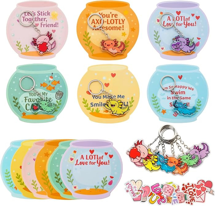 VENUSFIT Valentines Day Gifts for Kids - 30 Pack Axolotl Keychains with Valentine Cards & Sticker... | Amazon (US)