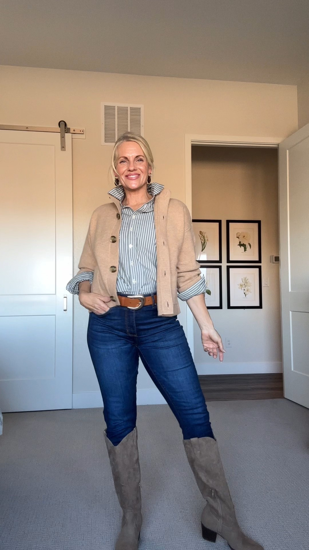 Skinny jeans, soft cardigan, suede western boots, striped button down, #loft, 

#LTKFindsUnder50 #LTKOver40