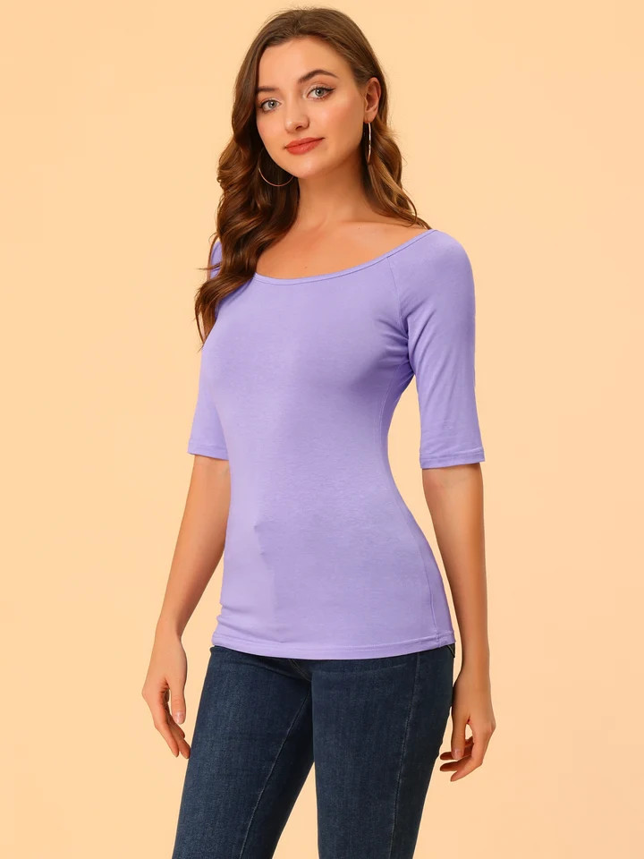 Half Sleeves Scoop Neck Fitted Layering Soft T-Shirt | allegra-k