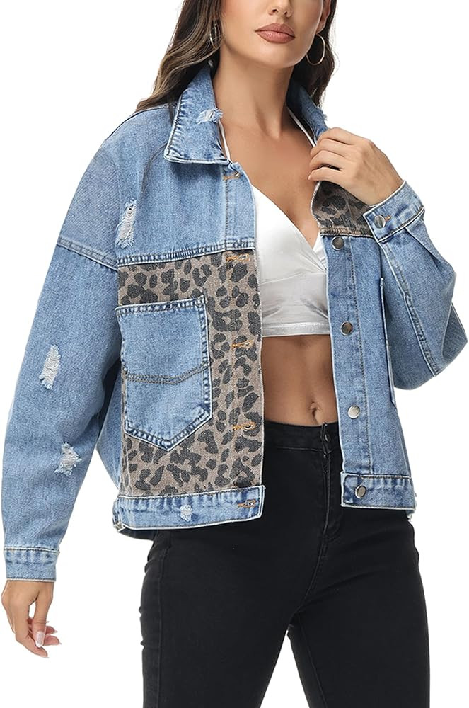Anna-Kaci Women Long Sleeve Button Down Leopard Print Crop Denim Jacket Ripped Distressed Boyfrie... | Amazon (US)