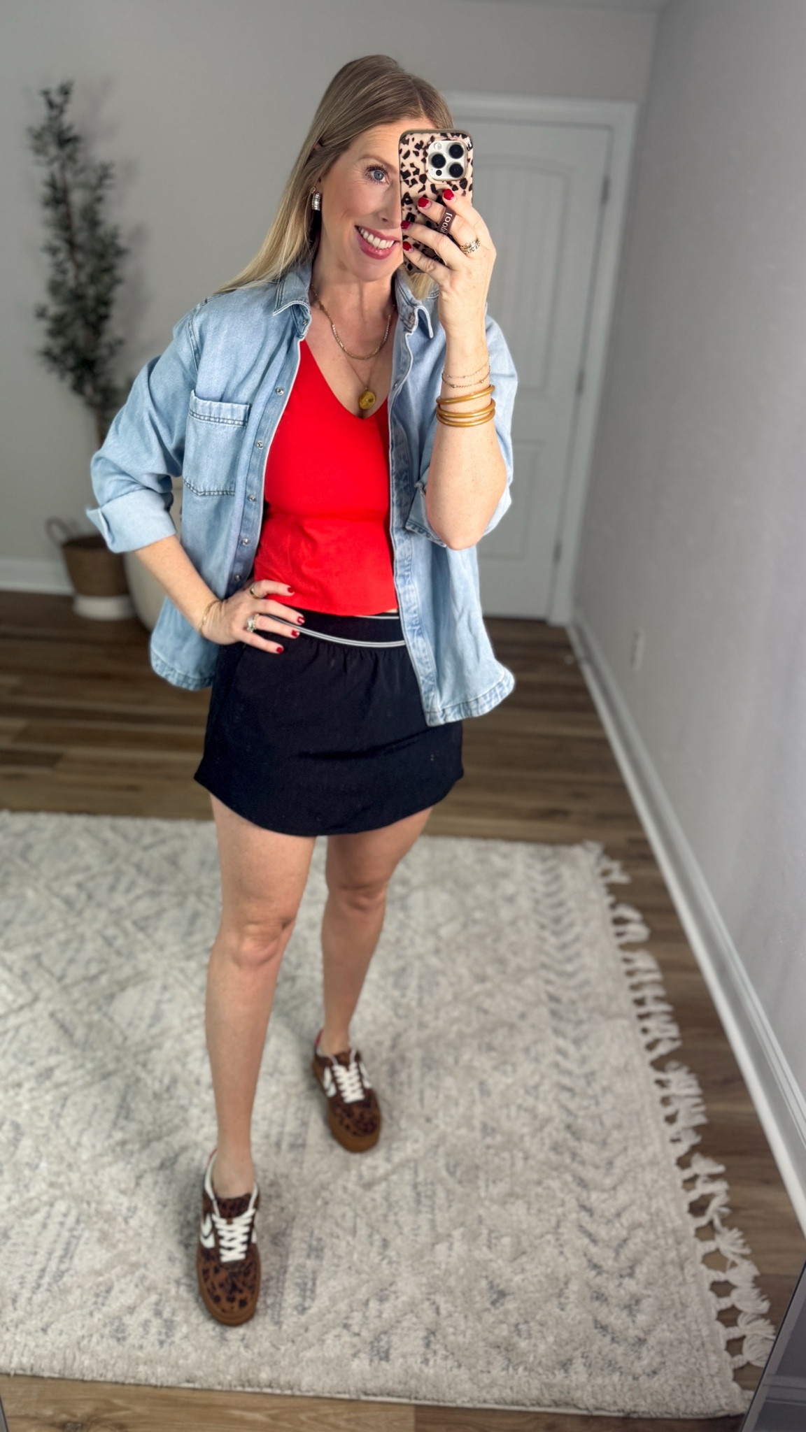Weekend Walmart Wins try-on
Denim Shacket- small
Red bra tank- medium 
Curved hem skort- small 

#LTKmomlife #LTKActive #LTKootd