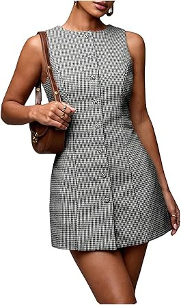 SOLY HUX Women's Plaid Button Down Dress Crew Neck Sleeveless Tie Back Work Office Mini Dresses | Amazon (US)