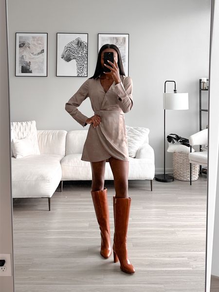 Light brown long sleeve wrap dress (wearing xs), light brown wrap dress, Abercrombie dress, fall dress, fall date night outfit, Vince Camuto boots, brown knee high boots (fit is true to size) 

#LTKshoecrush #LTKSale #LTKSeasonal