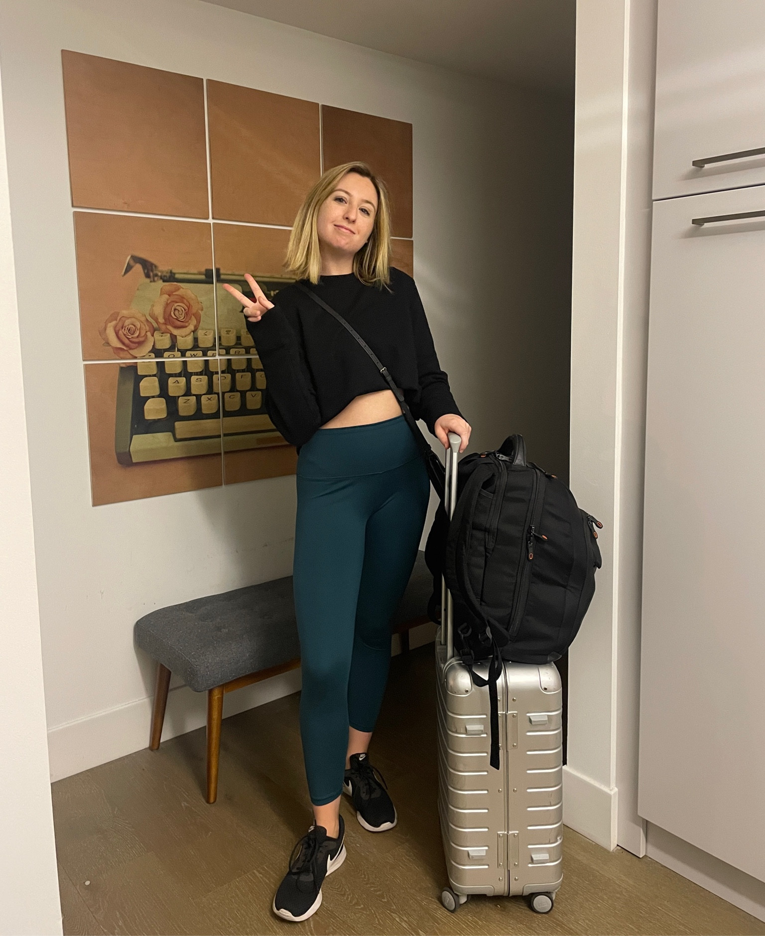 Off to the airport outfit #travel
•
I tucked my sweatshirt into my sport bra to create the crop. 
M in sweatshirt
M in Ellie legging set
•
•
•
•
#travelootd #cozyoutfitidea #traveling #outfitidea #causalcapsule #clothingcapsule #airport #traveler #luggage #carryon #easyoutfit

#LTKtravel