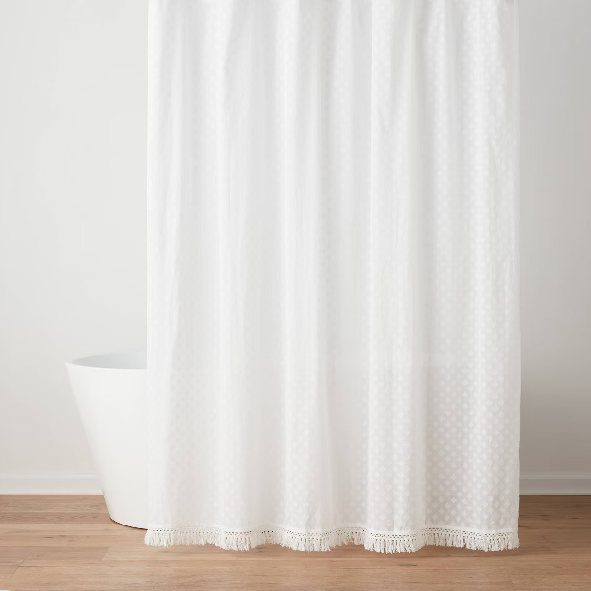 Textured Crochet Trim Shower Curtain White - Threshold™: Cotton Dobby Weave, Buttonhole Top, OE... | Target