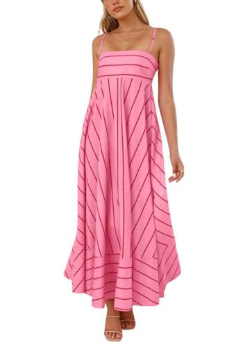 chouyatou Women's Summer Striped Spaghetti Strap Maxi Dress Boho Flowy Swing Back Smocked Beach Sundress(Large, Watermelon Red) | Amazon (US)