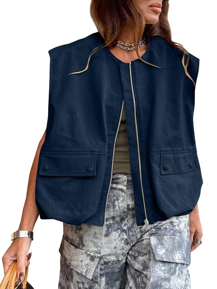 Tankaneo Womens Casual Zip Up Vest Cargo Oversized Ruched Hem Sleeveless Blazer Jackets Tops | Amazon (US)