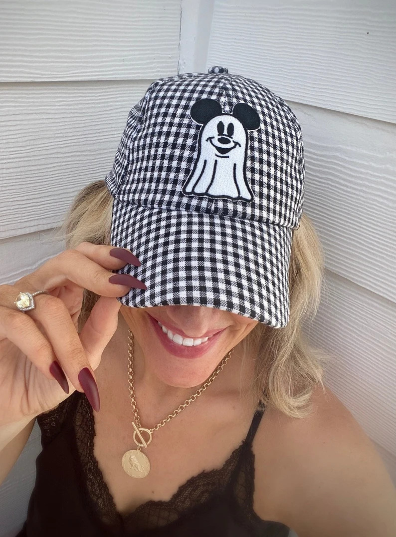 Black White Plaid Hat With Mickey Ghost Patch - Preppy Everyday Hat for Fall - Halloween Hat for ... | Etsy (US)
