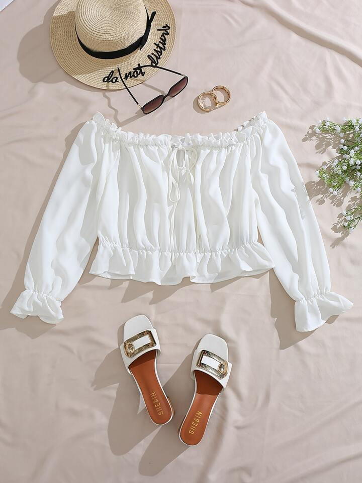 SHEIN Franclia Plus Off Shoulder Frill Trim Knot Front Flounce Sleeve Blouse Peplum Top | SHEIN