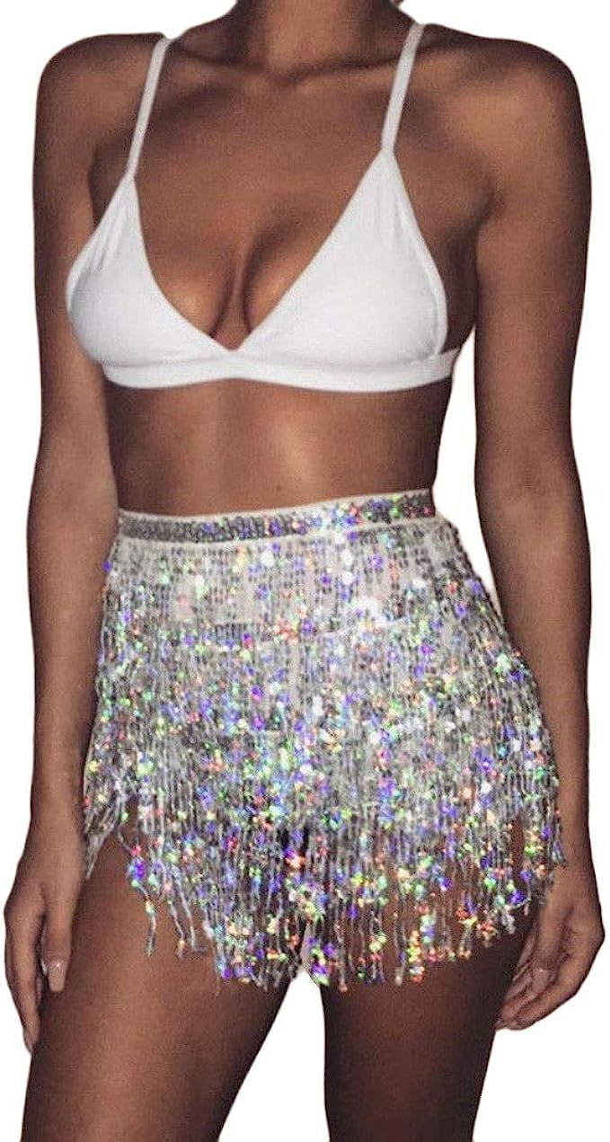 Women's Summer Beach Wrap Sequins Tassel Mini Skirts Music Festival Hip Scarf Belt Skirt | Amazon (US)