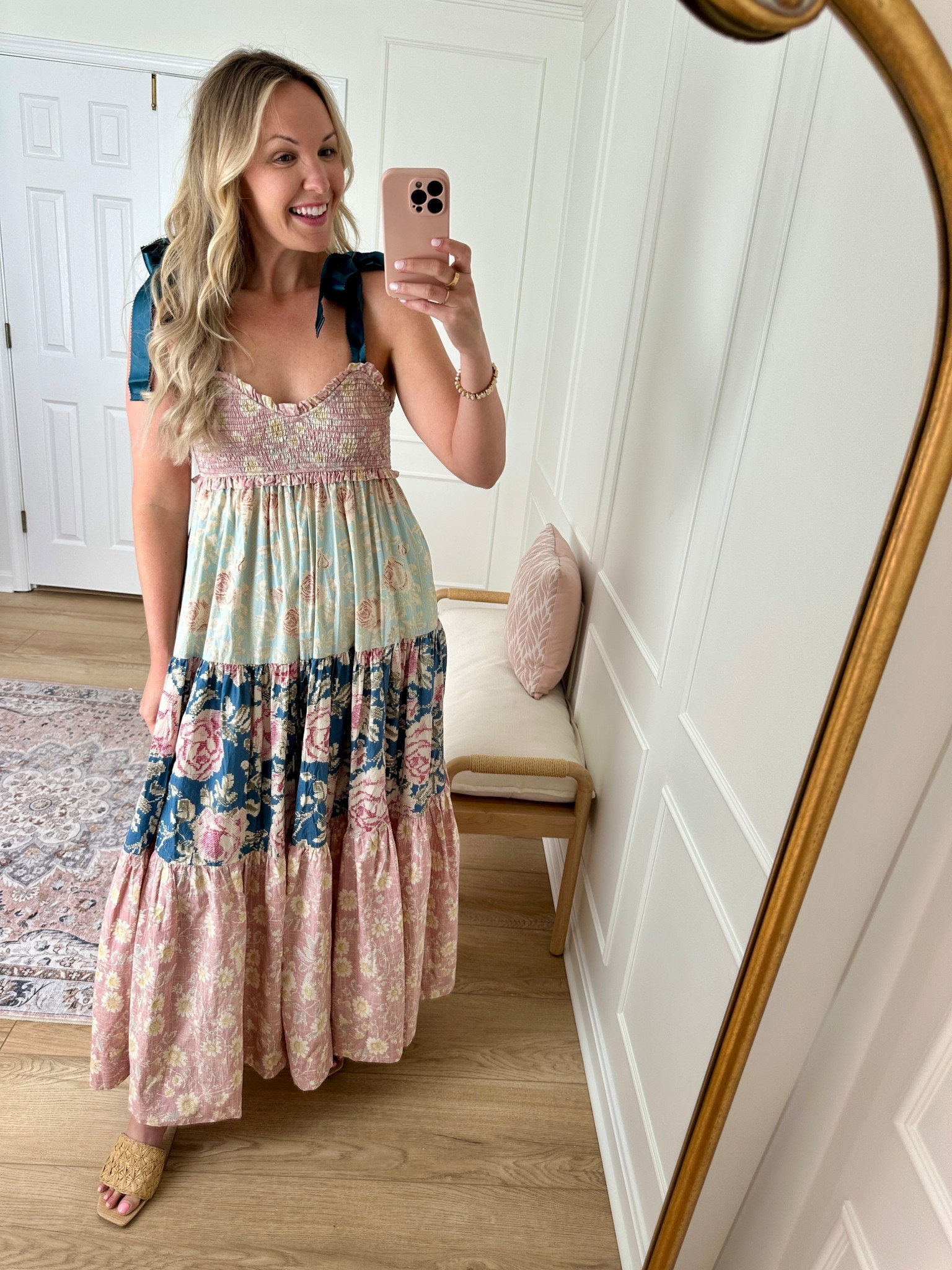Love the tie sleeves and the pops of blue throughout this spring dress - spring fashion - family photos dress - wearing a med

#LTKMidsize #LTKSeasonal #LTKStyleTip