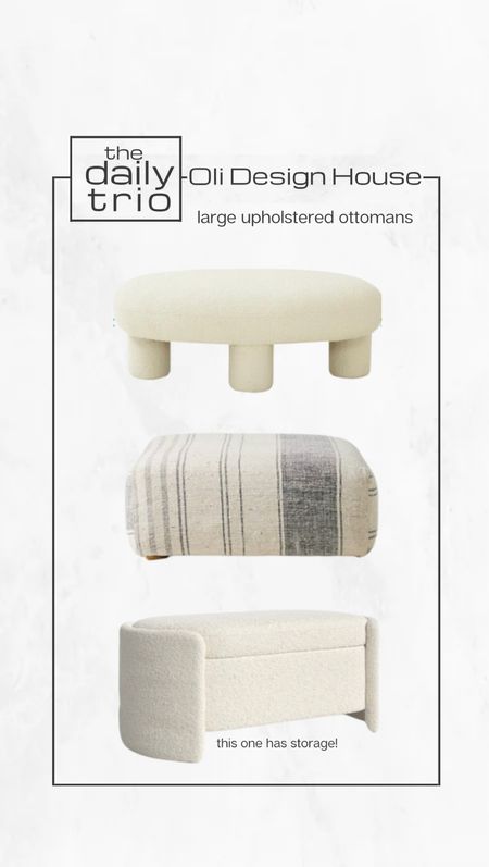 The daily trio

Large upholstered ottomans!

Sherpa ottoman, barrel leg ottoman, Boucle ottoman, Boucle bedroom bench, Boucle storage ottoman, striped ottoman, modern organic home design

#LTKhome #LTKstyletip #LTKFind