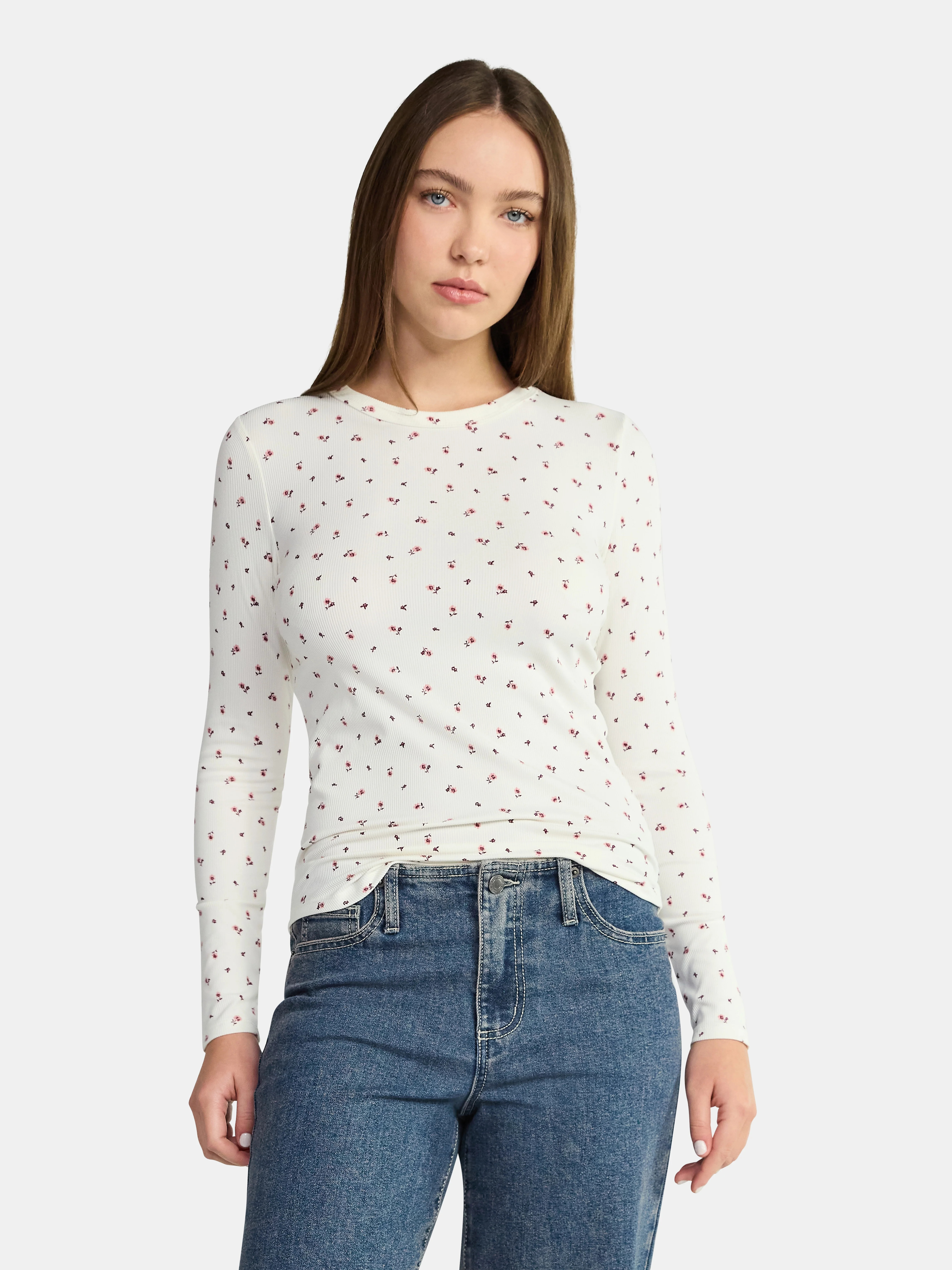 No Boundaries Crew Ribbed Tee with Long Sleeves, Women's XXS-XXL | Walmart (US)