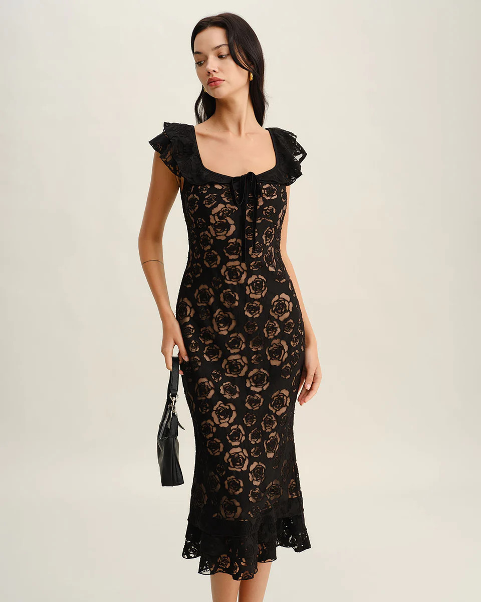 Black Textured Ruffle Mermaid Midi Dress | rihoas.com