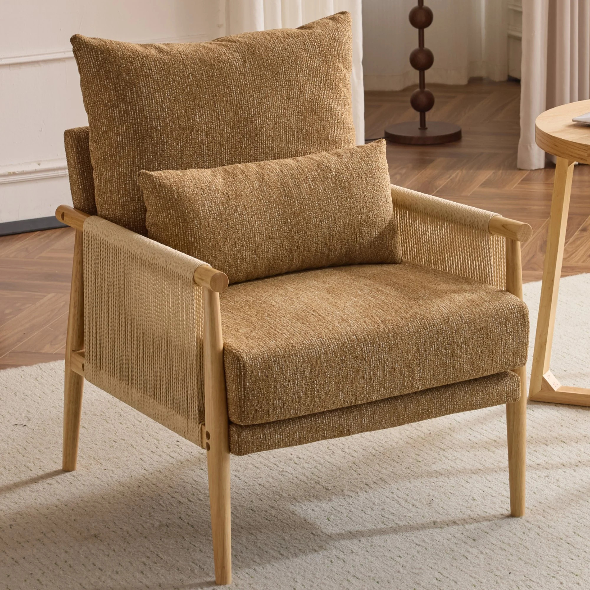 Ktaxon Accent Chair, Solid Wood and Jute Rope Armrests Armchair, Single sofa with Lumbar Pillow f... | Walmart (US)