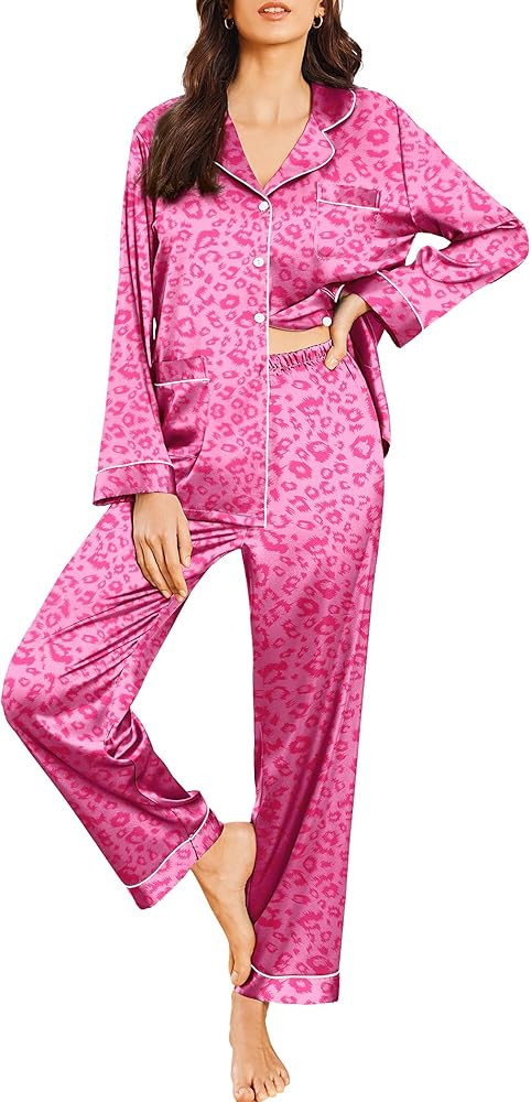 Ekouaer Silk Pajamas for Women Classic Button Down Satin Pajama Sets Long Sleeve Lounge Set | Amazon (US)