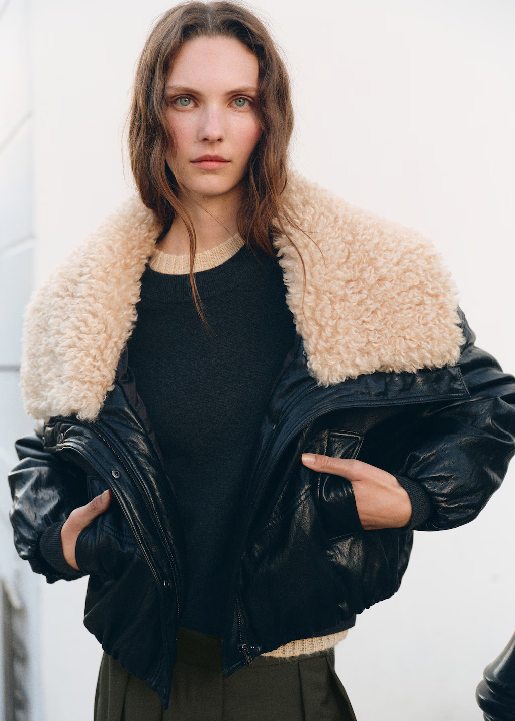 Leather-effect jacket with shearling collar | Mango (US/MX/AU)